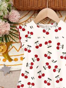 SHEIN Young Girls Leisure Cute Mini Heart, Mini Cherry Print, Simple Ruffle Hem Dress Suitable For Summer