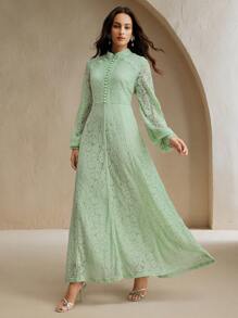 Anewsta Women's Long Sleeve Lace Burgundy Dress Maxi Women Outfit - Green - View 3