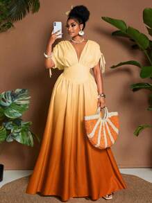 Maweii 大码女式优雅渐变色印花设计领结 V 领 A 字形海滩/音乐节百搭长袖长裙，春夏