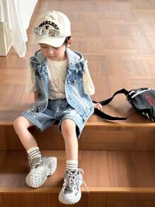 SHEIN Young BoyFashion 户外街头休闲牛仔套装：针织帽、拼布背心、破洞牛仔背心、破洞牛仔裤 - 中等水洗藍 - 查看 6