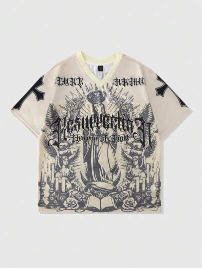 Goth Men's Mesh Patchwork Sports Religious Character Short Sleeve T-Shirt