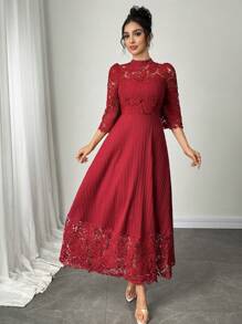 Modelyn Đầm Maxi Tay Dài Thêu Hoa Văn Chắp Vá Cho Nữ - Màu Đỏ Sâu - Xem 5