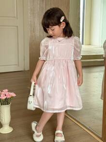 SHEIN Little Byeori Young Girls Ruffle Sleeve Princess Style Dress Lovely Pink Flared Dress For Short Sheer Polyester With Three-Quarter Sleeves - Pink - View 4