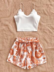 Soleia 2 piezas Conjunto de pantalones cortos y top de mujer de verano, pantalones cortos azules retro con estampado y top de tirantes con adorno de teñido anudado, pantalones cortos holgados de cintura elástica con estampado floral, conjunto de ropa de verano de 2 piezas para vacaciones - Naranja - Ver 6