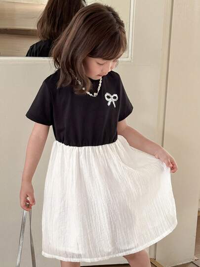 SHEIN 年轻女孩休闲针织和梭织拼布短袖连衣裙