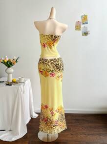 Soleia 2 件豹纹和花朵图案露背扭纹上衣和修身鱼尾下摆中裙套装，适合女士、度假、音乐节、海滩、夏季、波西米亚风、度假、钩针编织、亚麻布， - 彩色 - 查看 2