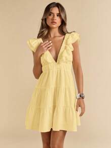 SHEIN BAE Solid Color White Linen Deep V-Neck Short Sleeve Fitted Short Mini Dress, Vacation Dress, White Dress, Graduation/Back To School Dress,Boho Clothes Women - Yellow - View 3