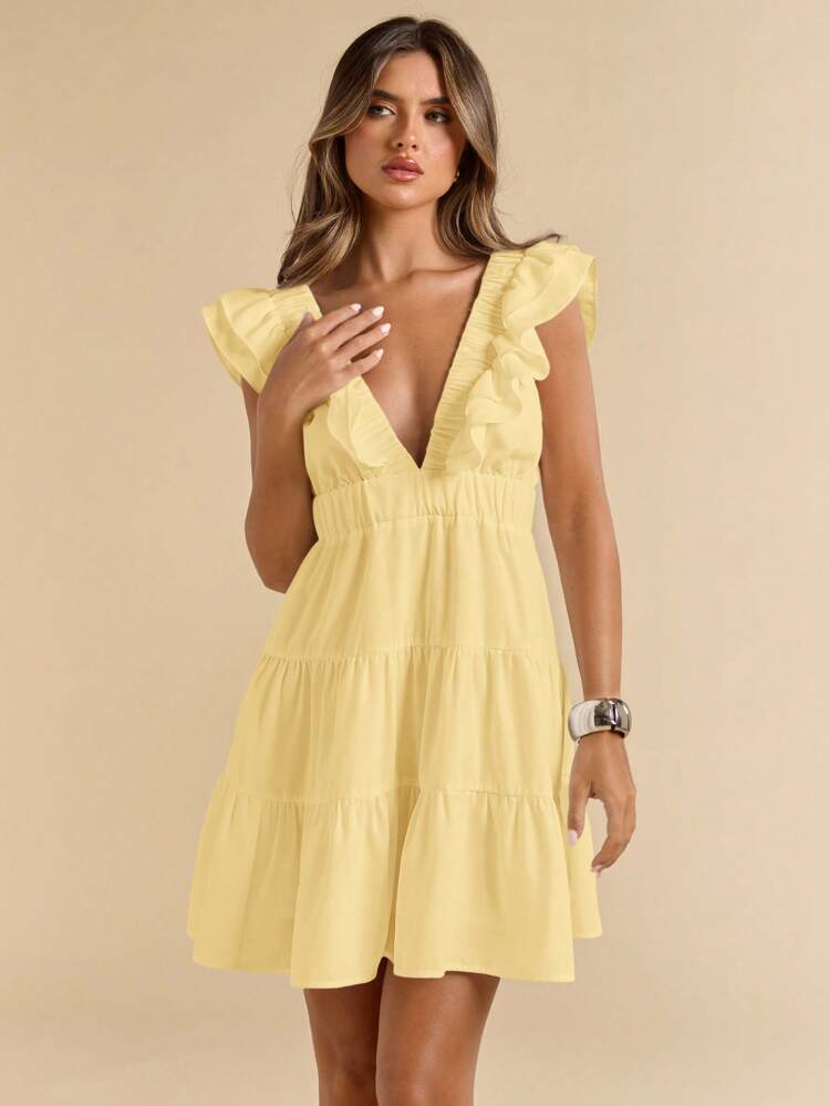SHEIN BAE Solid Color White Linen Deep V-Neck Short Sleeve Fitted Short  Mini Dress, Vacation Dress, White Dress, Graduation/Back To School Dress,Boho  Clothes Women | SHEIN USA