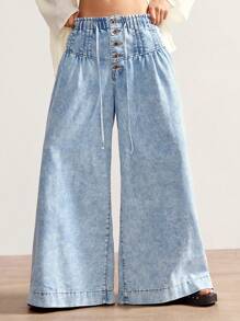 Bohemela Boho Deinm 女士休闲纯色梭织牛仔裤宽松女式度假装阔腿牛仔裤女式度假装 - 藍色 - 查看 7