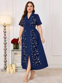 Modelyn Women Plus Size Elegant Embroidered Patchwork Blazer Collar Fitted Long Dress