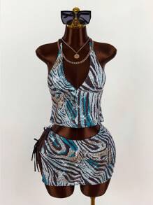 Amplova Bộ 2 áo yếm thêu hạt họa tiết ngựa vằn và chân váy ngắn bó sát cho nữ - Nhiều màu - Xem 4