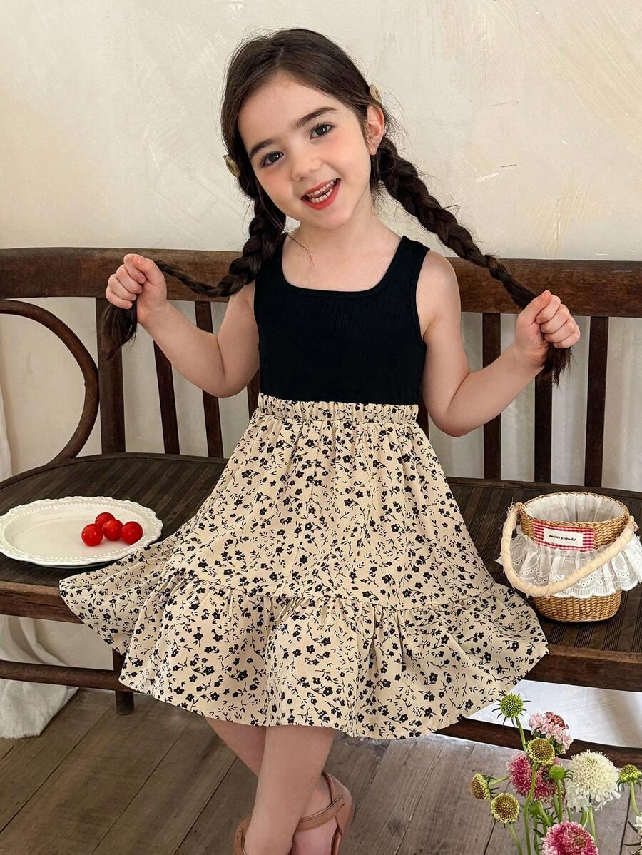 LMoss Kids 年轻女孩碎花拼布荷叶边下摆无袖连衣裙，夏季 - 灰色 - 查看 1