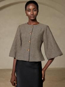 Aveloria Rosie 优雅复古法式女式浪漫约会奢华高端设计人字形圆领短款灯笼袖收腰金属纽扣西装外套