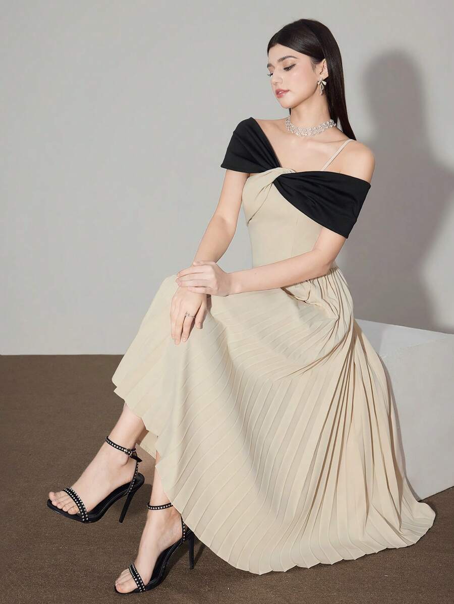 Modelyn Elegant Women's Midi Dress With Asymmetrical Neckline Off-The-Shoulder Design And Pleated Skirt Detail - Multicolor - View 1