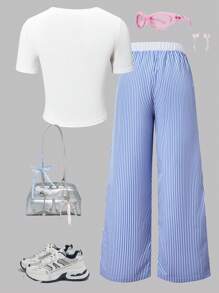 Lunivi Set de 2 piezas de ropa casual para adolescentes, top de ajuste ceñido con cuello redondo y estampado floral y pantalones anchos de cintura elástica a rayas, para verano