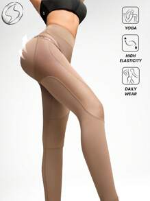 Innovista 金属闪光健身运动紧身裤高腰 V 腰提臀日常运动休闲瑜伽 HIIT 训练办公室健身房高弹力紧身裤运动裤舒适运动功能网眼面板透气镂空深蹲防走光裤 - 卡其色 - 查看 3