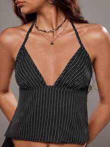 TRNVIE Vintage British Style Coffee Striped V-Neck Backless Tie Strap Tank Top For Women, Spring/Summer - Coffee Brown - View 5