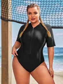 Swim SPRTY Plus Size Solid Zipper Front One Piece Swimsuit Summer
