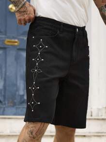 Manfinity Homme Pantalones cortos de mezclilla negros sueltos de estilo urbano con bordados y cuentas - Negro - Ver 2