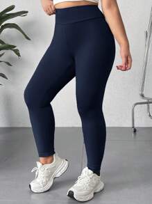 SHEIN EZwear 大码女式纯色高腰休闲百搭紧身裤 - 藏蓝色 - 查看 2