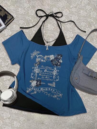 INAWLY Koszulka z krótkim rękawem i nadrukiem w kwiaty w dużym rozmiarze, wiązana z przodu, modna na lato