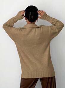 EURMUSE Half Zip Drop Shoulder Sweater - Mocha Brown - View 2