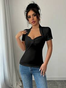 INAWLY Women's Summer Sweetheart Neck Short Sleeve Slim Fit T-Shirt - Black - View 5