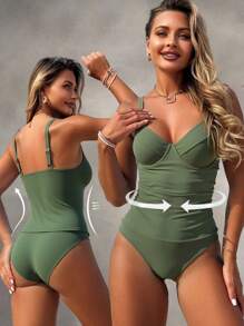 Swim Lushoire Ladies' Summer Beach Music Festival Underwire Model Cup Thick Shoulder Strap High Waist Elegant Vacation Style Tankini Set