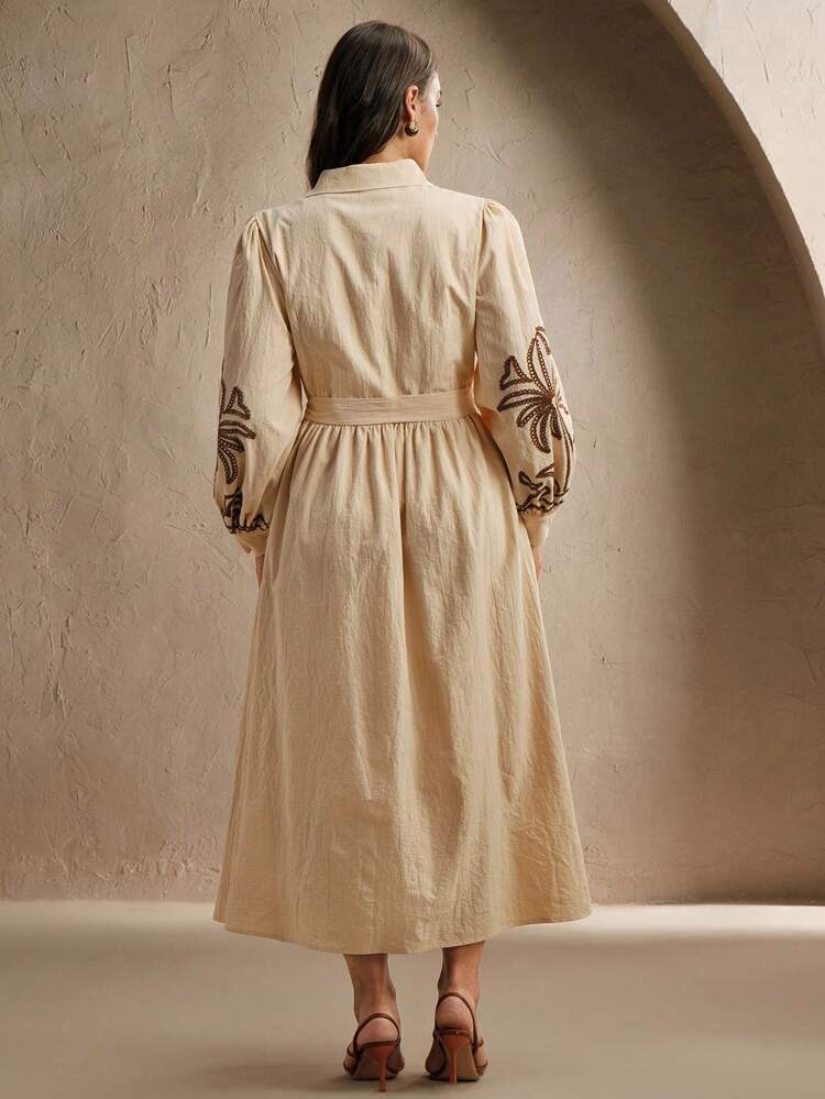 Women's Elegant Romantic Beach Vacation Palm Tree Embroidery Long Sleeve Stand Collar Long Dress, Suitable For Spring, Summer, Festival, Graduation