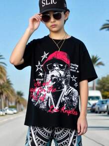SHEIN 1pc Tween Boy Casual Hip Hop Character & Slogan Oversized Short Sleeve Black T-Shirt, Summer - Black - View 7