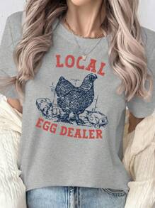 INAWLY Women Summer Chicken Print Fitted T-Shirt, Casual Blouse - Light Grey - View 3