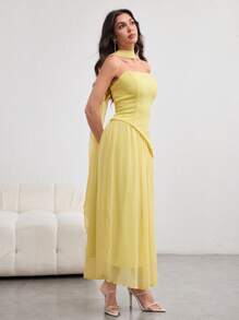 Modelyn Women's Long Asymmetrical Flounced Halter Dress, Elegant Charm, Light Yellow, For Spring And Summer Yellow Wedding Guest Dress Strapless Yellow Dress - Light Yellow - View 6