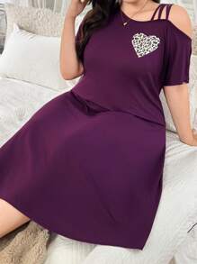 SHEIN Váy thun tay ngắn họa tiết da báo dành cho nữ bán chạy nhất, Bộ đồ ngủ hở vai gợi cảm thoải mái thường ngày - Màu đỏ tím - Xem 6