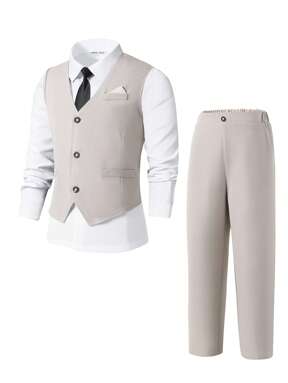 SHEIN 2pcs Tween Boy Gentleman Suit Vest Jacket & Pants Set, Elegant Formal Outfit For Birthday Party, Wedding, Anniversary, Graduation, Pageboy, Ring Bearer