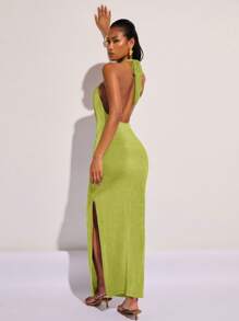 COSMINA Women's Solid Color Sling Neck Sleeveless Fitted Long Bodycon Dress - Green - View 2
