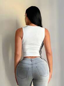 SHEIN SXY Women's White Casual Elegant Pearl Decor Square Neck Tank Top, Vacation Style White Tank Top Women Top