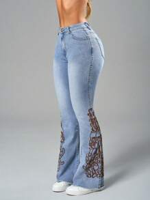 SHEIN SXY Women's Casual Flared Denim Jeans With Embroidered Flowers, Patch Pockets And Frayed Hem - Light Wash - View 3