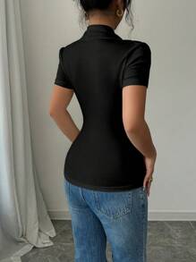 INAWLY Women's Summer Sweetheart Neck Short Sleeve Slim Fit T-Shirt - Black - View 2