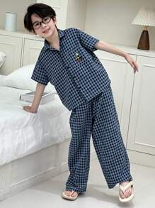 Dazy Kids Tween Boy Plaid Short Sleeve Pajama Set - Blue - View 5