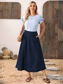 LanaWest 女式高腰休闲通勤插袋A字牛仔迷你裙 - 深色水洗藍 - 查看 5