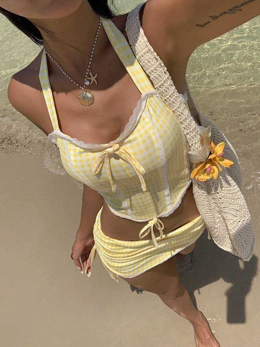 SHEIN EZwear 2 件套女士露背上衣和迷你裙套装，夏季时尚，海滩