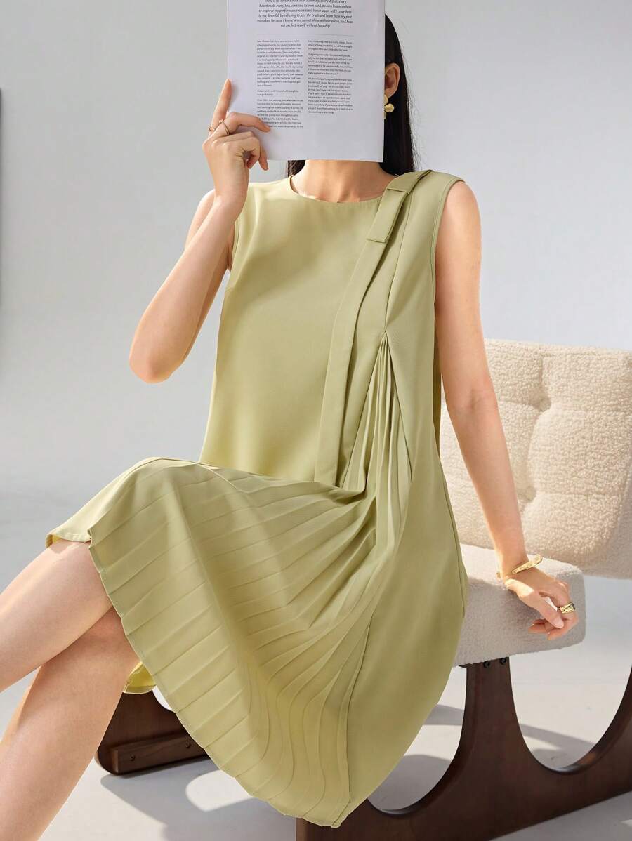 Modelyn 女式夏季纯色圆领无袖褶边迷你连衣裙 - 綠色 - 查看 1