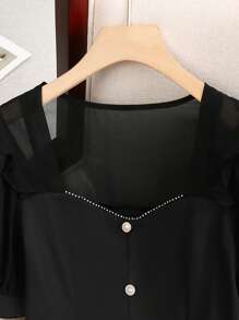 SHEIN Clasi Lace Patchwork Chiffon Front Button Women Blouse - Black - View 5