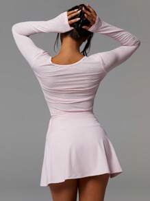 Athîral 1pc Women Solid Color Long Sleeve Slim Fit Casual Tie Front Blouse - Pink - View 3