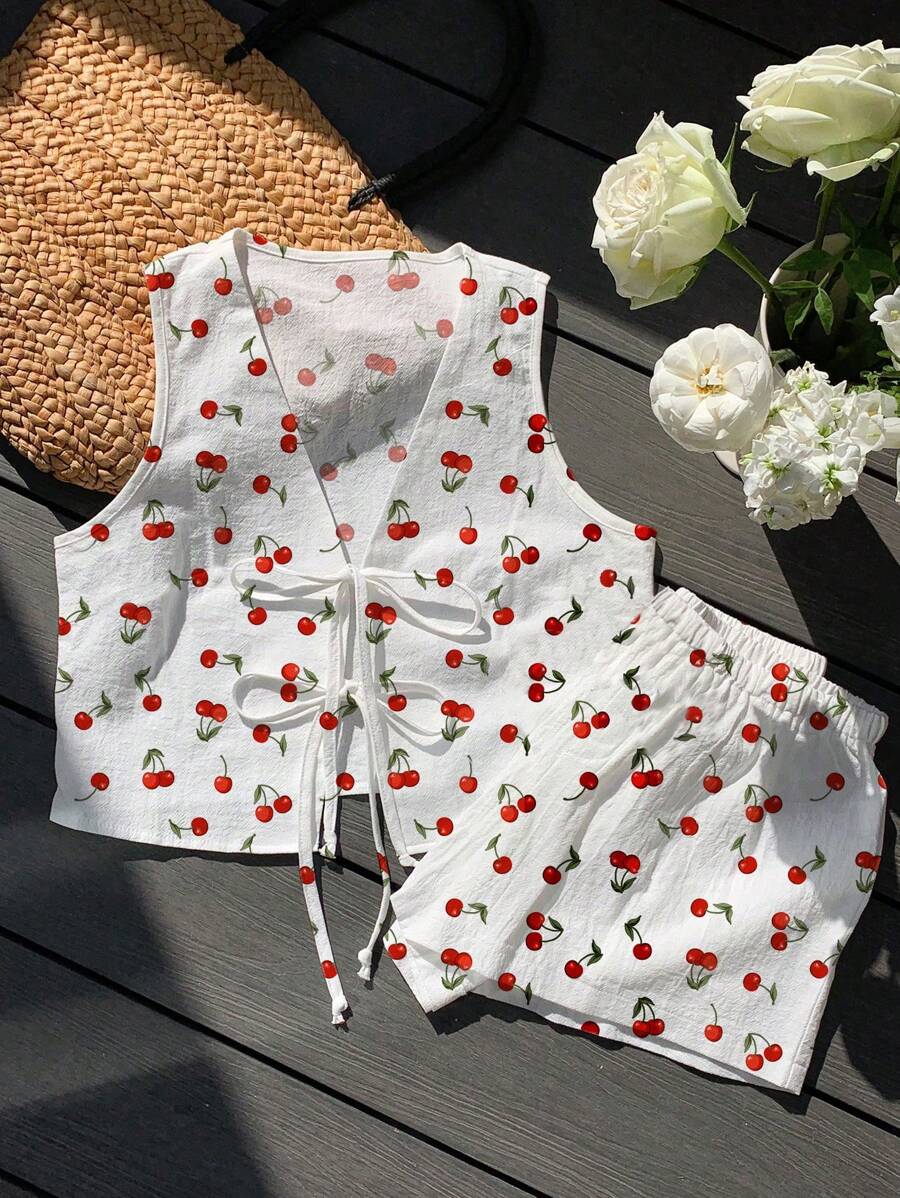 Comfortcana 2 pièces/Ensemble Tenue décontractée minimaliste pour femme avec imprimé cerises, convient pour l'été