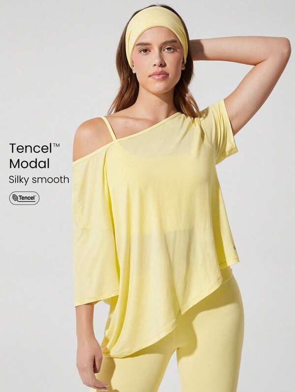 GLOWMODE Modal Silky Smooth Asymmetrical Hem Off-Shoulder 3/4 Sleeve Active Tee T-Shirt Daily Casual Wear