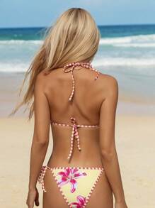 Swim Mod Set Bikini Seksi Wanita Terbaru dengan Motif Bunga, Atasan Model Halter Neck Tanpa Punggung dan Celana Pendek Renang dengan Tali Samping, Cocok untuk Liburan Pantai Musim Panas - MultiWarna - View 4