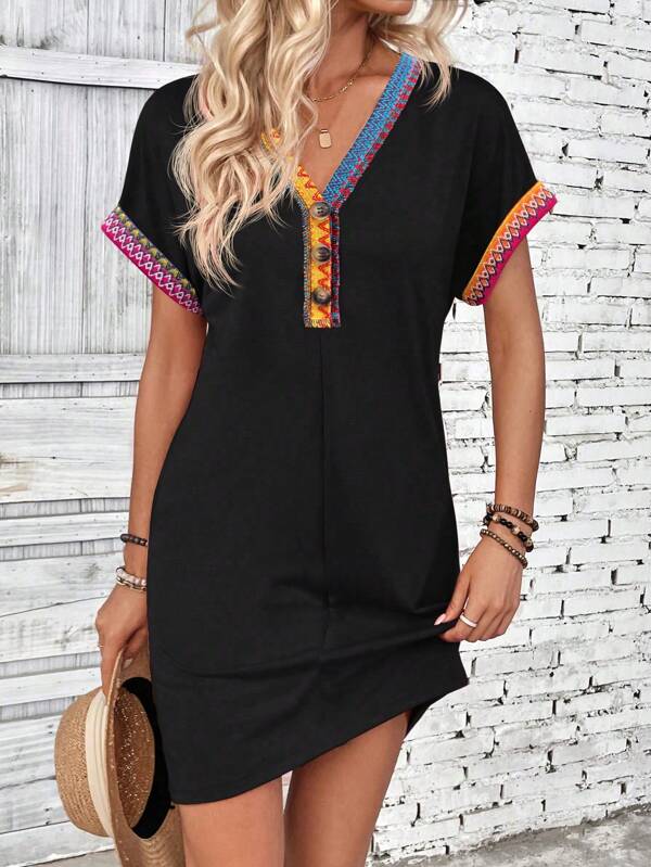 SHEIN LUNE Women's Patchwork Wavy Striped V-Neck Short Sleeve Button Placket Mini Dress