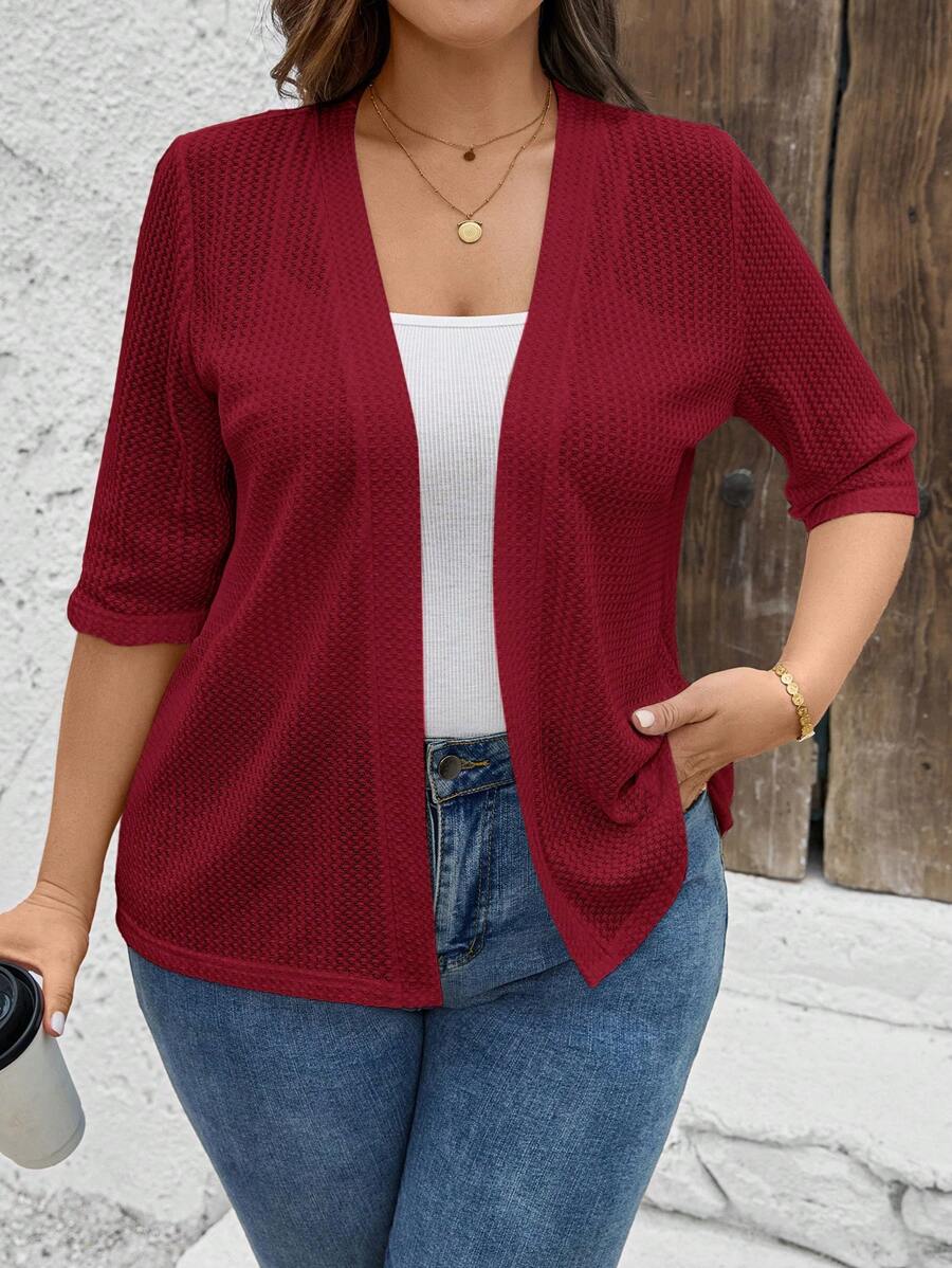 Chaqueta de talla grande para mujer de manga 3/4, de tela texturizada y de unicolor con abertura frontal - Burdeos - Ver 1