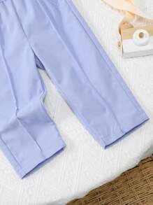 SHEIN Quần dài lưng thun mềm mại dệt trơn màu cho bé trai, thích hợp mặc ngoài trời, mùa xuân/hè/thu - Màu xanh nhạt - Xem 5